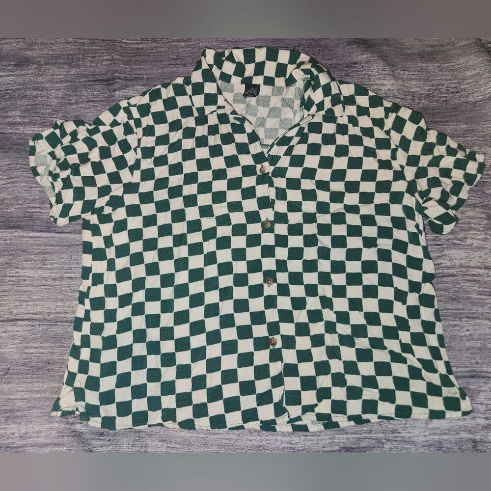 Wild Fable Checkered‎ Green Summer Short Sleeve Button Down Shirt - Size Small